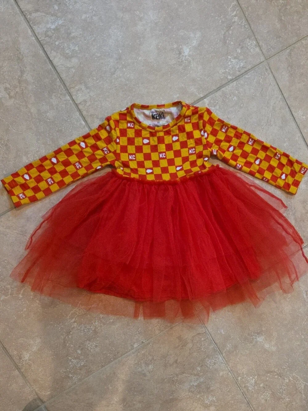 Kansas City Keiki Chiefs Checkerboard Red & Yellow Tulle Dress 3T